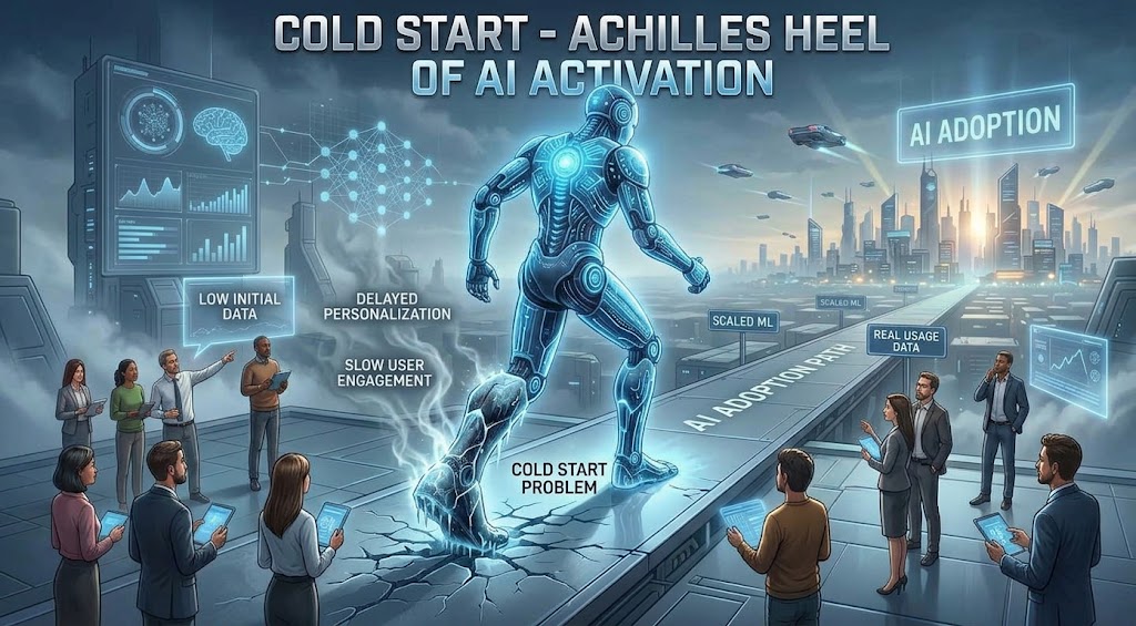 Illustration of the AI cold-start problem blocking the path from launch to scaled machine learning on real usage data