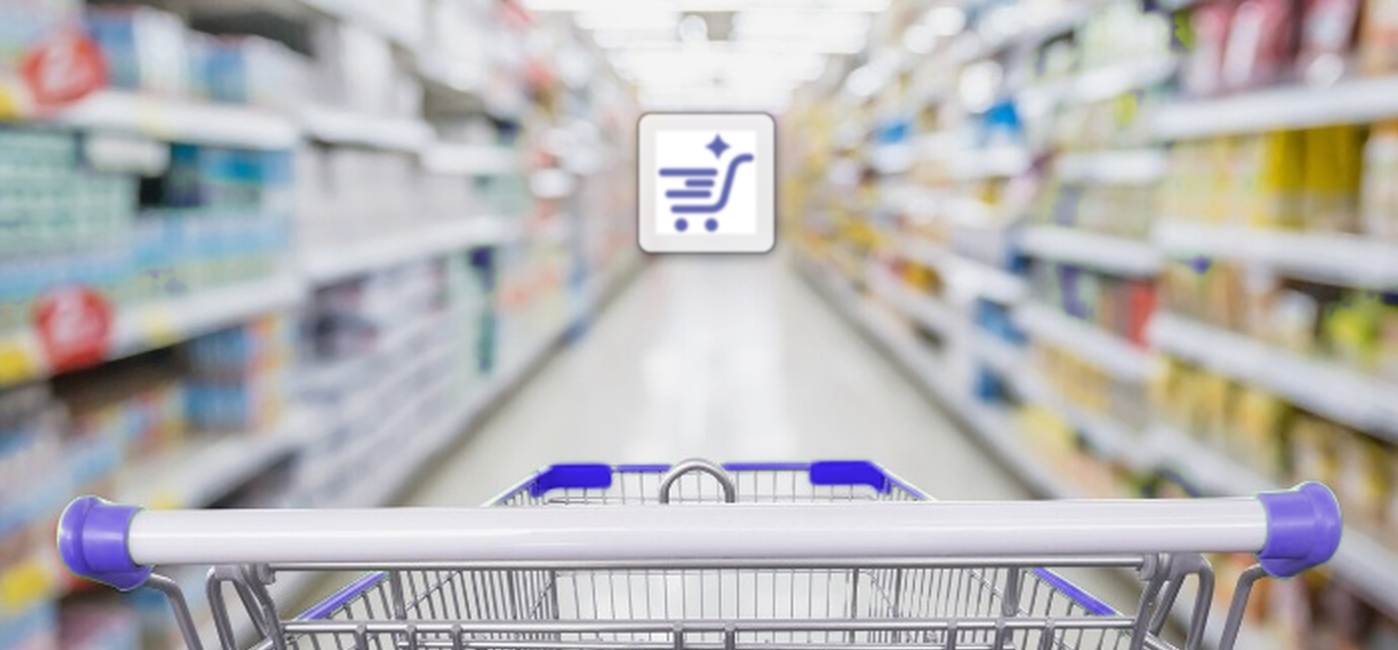 spreezy.ai app icon overlaid on a grocery store aisle